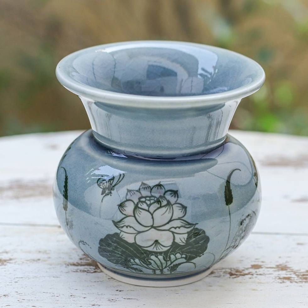 Handmade Celadon Ceramic Vase with Floral Motif in Blue 'Luxuriant Lotus'