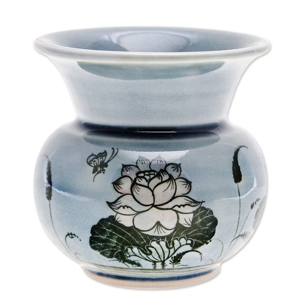 Alternate image for Handmade Celadon Ceramic Vase with Floral Motif in Blue Luxuriant Lotus