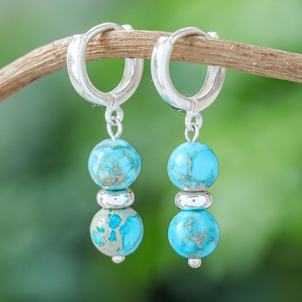 Sterling Silver Beaded Dangle Earrings with Turquoise Gems 'Shining Peace'
