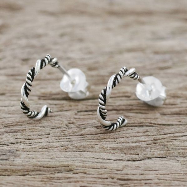 Alternate image for Sterling Silver Half Hoop Earrings with a Combination Finish Light and Dark