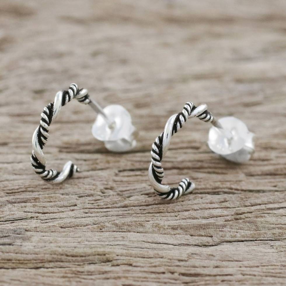 Sterling Silver Half Hoop Earrings with a Combination Finish 'Light and Dark'