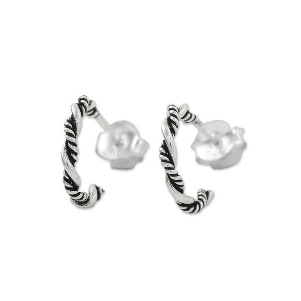 Alternate image for Sterling Silver Half Hoop Earrings with a Combination Finish Light and Dark