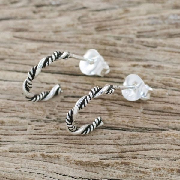 Alternate image for Sterling Silver Half Hoop Earrings with a Combination Finish Light and Dark