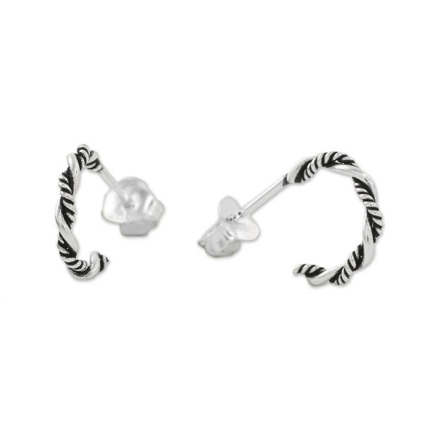 Alternate image for Sterling Silver Half Hoop Earrings with a Combination Finish Light and Dark