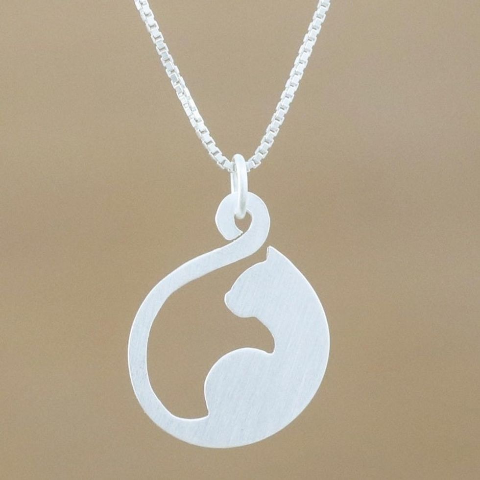 Handmade Sterling Silver Cat Pendant Necklace from Thailand 'Graceful Feline'