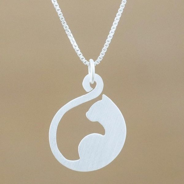 Alternate image for Handmade Sterling Silver Cat Pendant Necklace from Thailand Graceful Feline