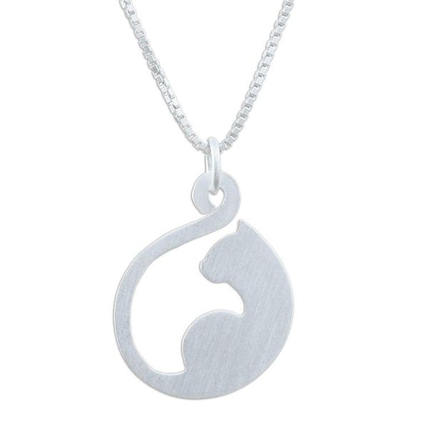 Alternate image for Handmade Sterling Silver Cat Pendant Necklace from Thailand Graceful Feline