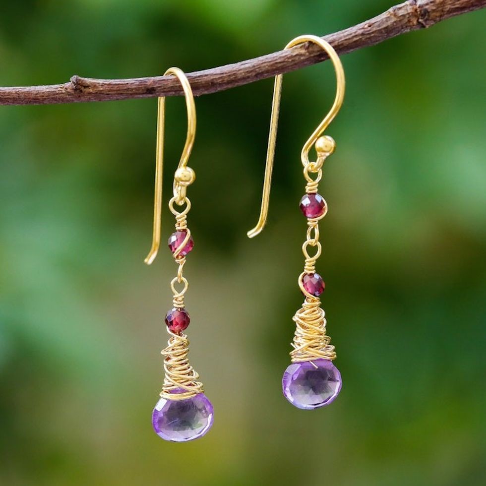 Gold Plated Amethyst and Garnet Dangle Earrings 'Lavender Bliss'