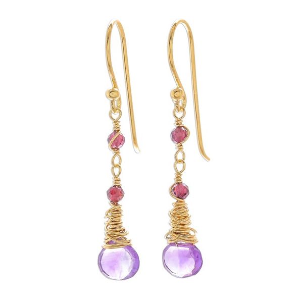 Alternate image for Gold Plated Amethyst and Garnet Dangle Earrings Lavender Bliss
