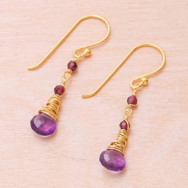 Alternate image for Gold Plated Amethyst and Garnet Dangle Earrings Lavender Bliss