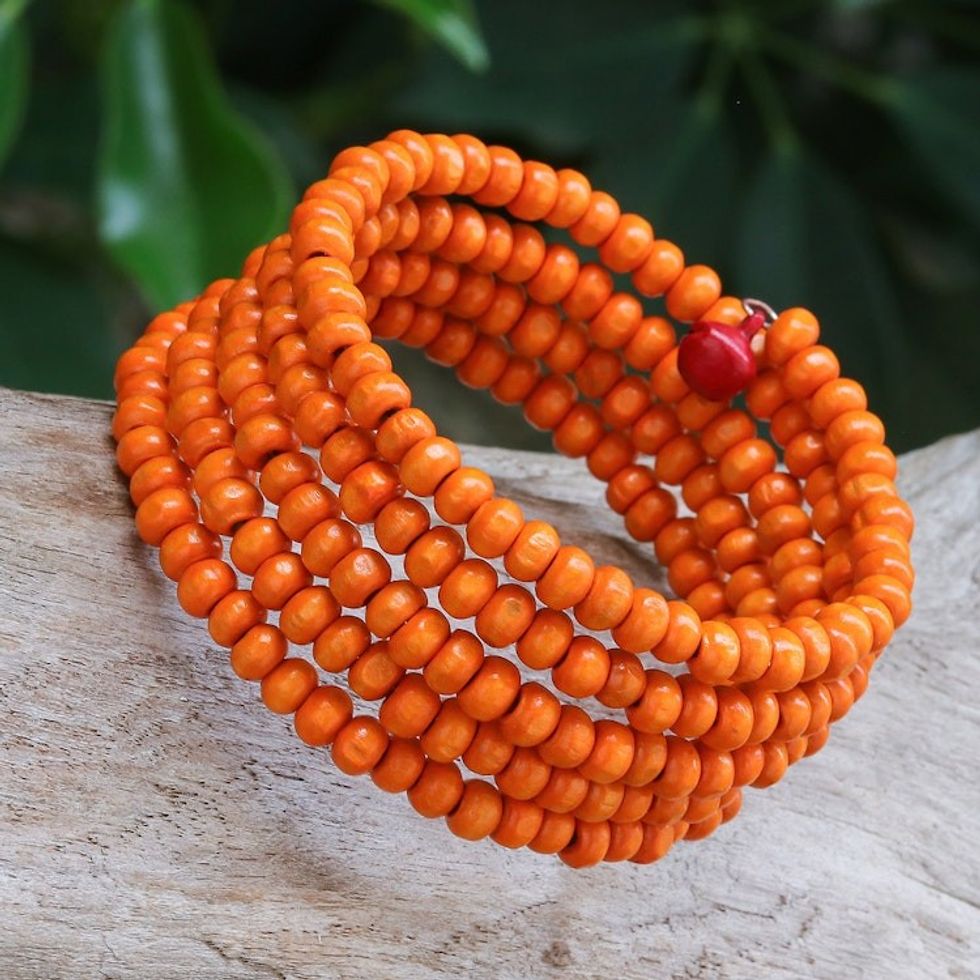 Orange Beaded Wood Wrap Bracelet with Bells 1 In 'Tangerine Spin'