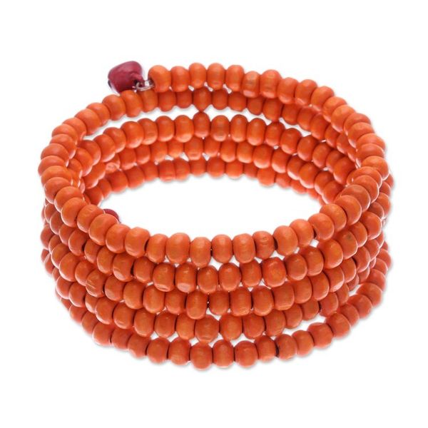 Alternate image for Orange Beaded Wood Wrap Bracelet with Bells 1 In Tangerine Spin