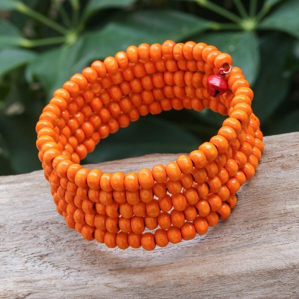 Alternate image for Orange Beaded Wood Wrap Bracelet with Bells 1 In Tangerine Spin