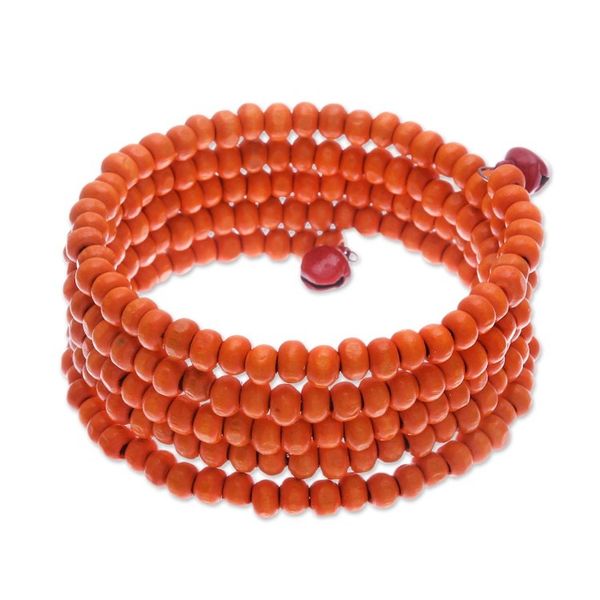 Alternate image for Orange Beaded Wood Wrap Bracelet with Bells 1 In Tangerine Spin