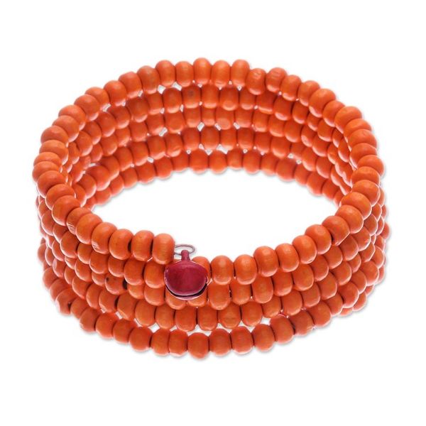 Alternate image for Orange Beaded Wood Wrap Bracelet with Bells 1 In Tangerine Spin