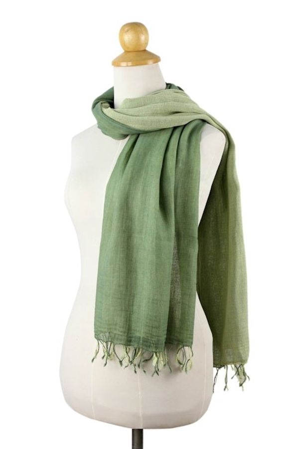 Alternate image for 2-in-1 Hand-woven Cotton Reversible Scarf Jade Green Duet