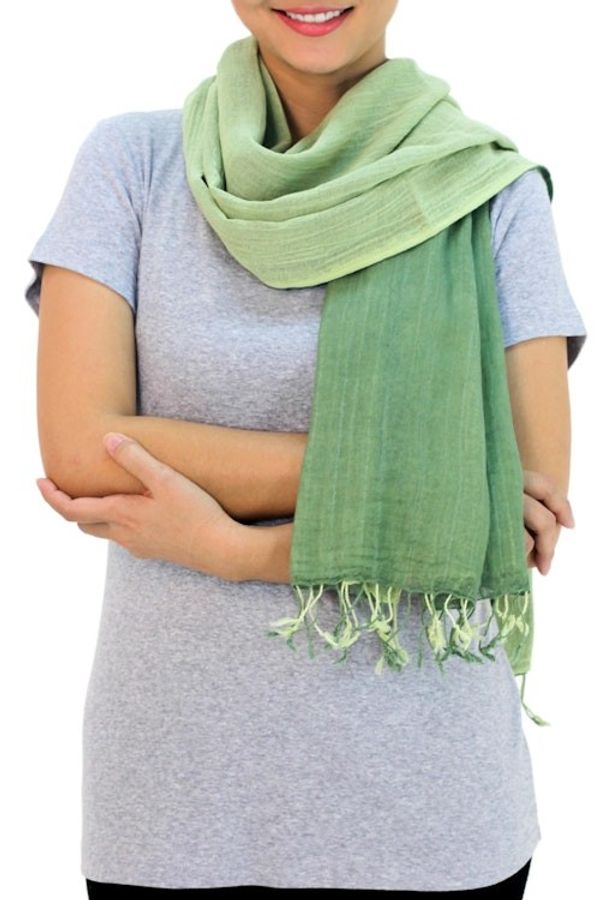Alternate image for 2-in-1 Hand-woven Cotton Reversible Scarf Jade Green Duet