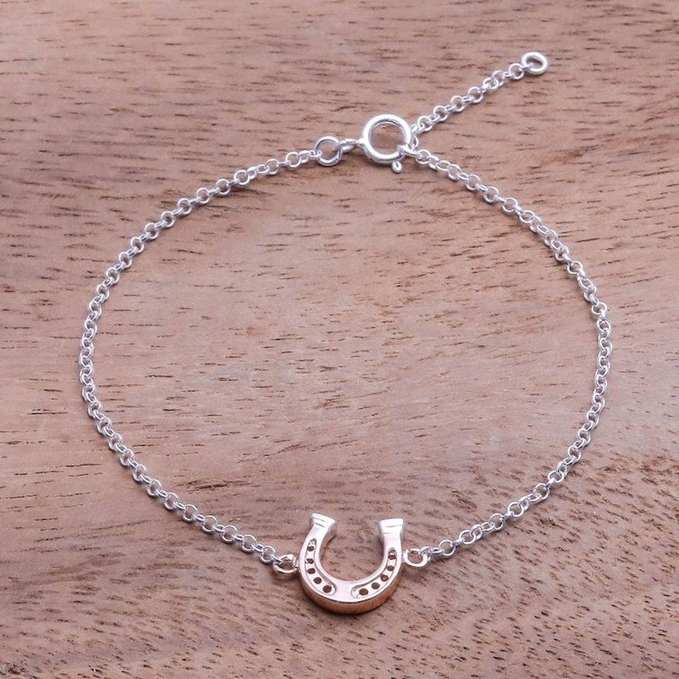 Rose Gold Accented Sterling Silver Horseshoe Bracelet 'Horseshoe Gleam'