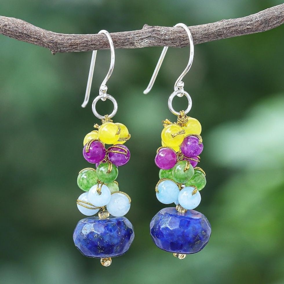 Hand Crafted Lapis Lazuli and Quartz Dangle Earrings 'Sky Rainbow'