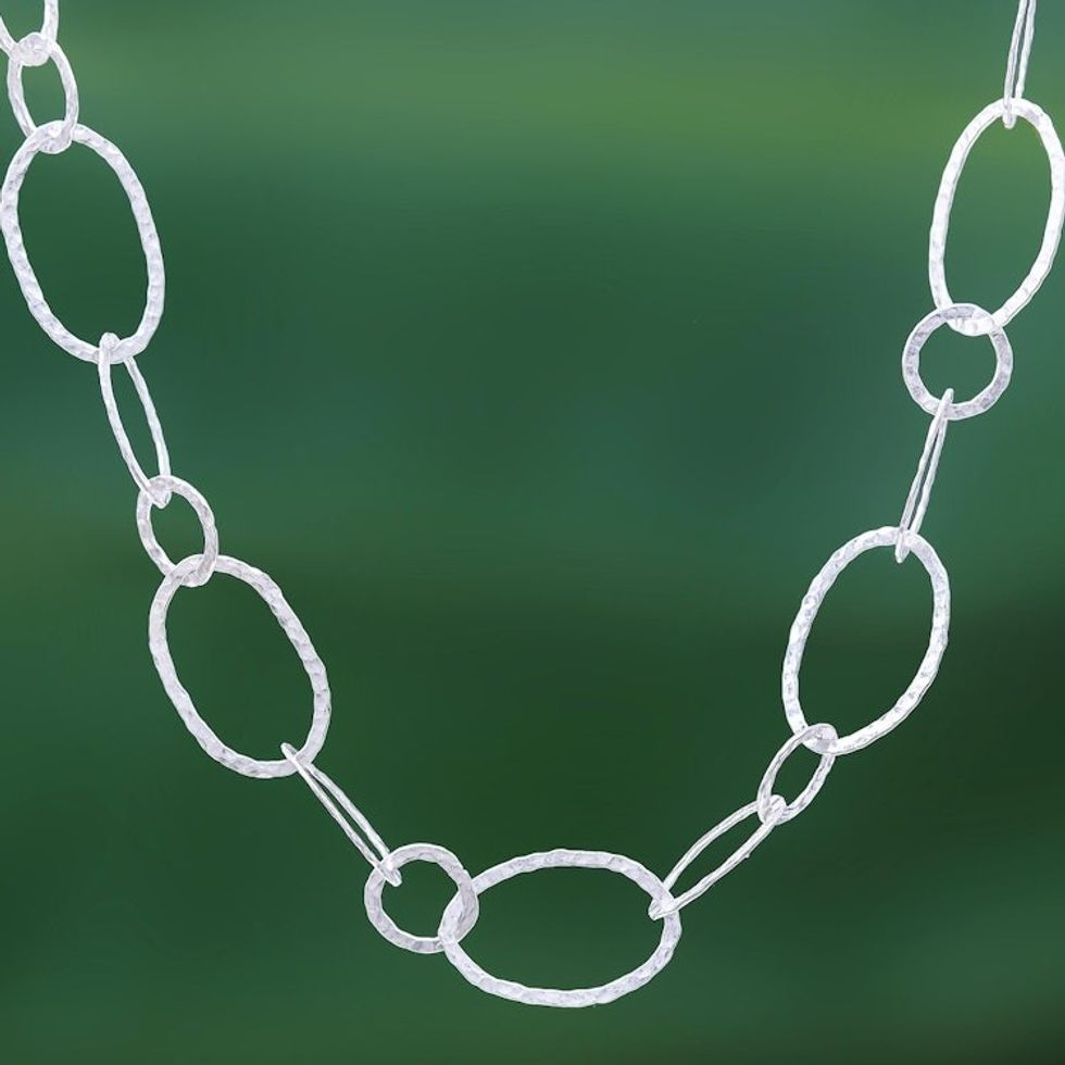 Extra Long 950 Silver Hammered Link Necklace 'Lanna Links'