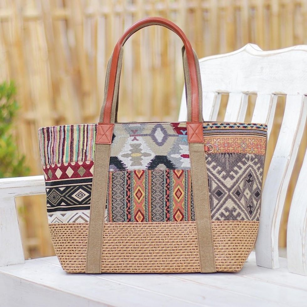 Cotton Patchwork and Leather Trim Shoulder Bag 'Happy Journey in Yellow'