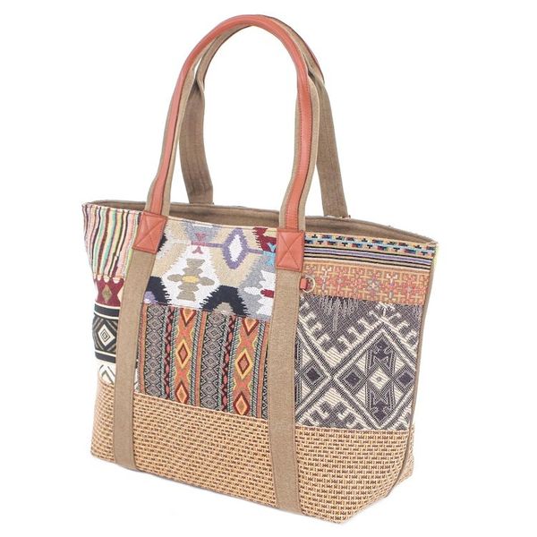 Alternate image for Cotton Patchwork and Leather Trim Shoulder Bag Happy Journey in Yellow