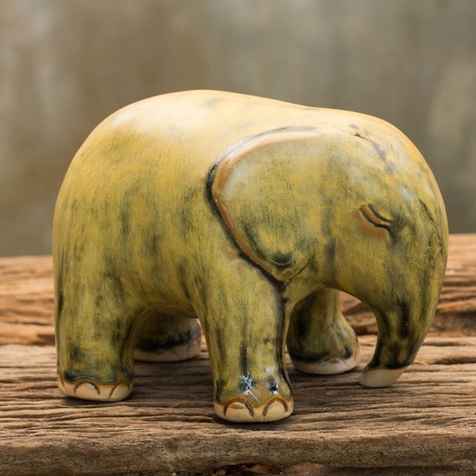 Mottled Yellow Celadon Ceramic Figurine 'Yellow Elephant'