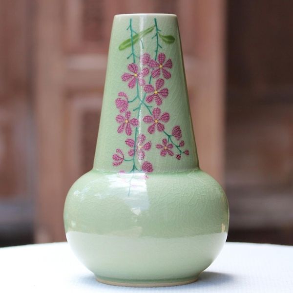 Alternate image for Hand Crafted Celadon Ceramic Floral Vase from Thailand Hanging Flowers