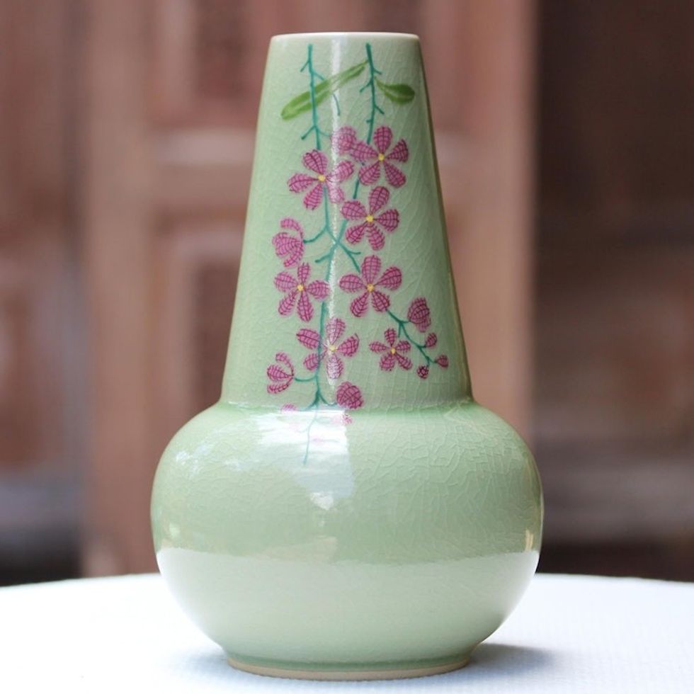 Hand Crafted Celadon Ceramic Floral Vase from Thailand 'Hanging Flowers'