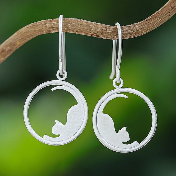 Alternate image for 925 Silver Cat Dangle Earrings with Brushed-Satin Finish Relaxing
