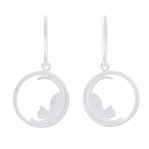 Alternate image for 925 Silver Cat Dangle Earrings with Brushed-Satin Finish Relaxing