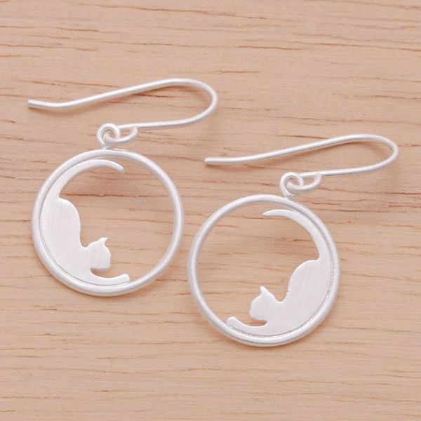 Alternate image for 925 Silver Cat Dangle Earrings with Brushed-Satin Finish Relaxing