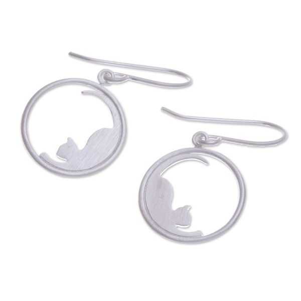 Alternate image for 925 Silver Cat Dangle Earrings with Brushed-Satin Finish Relaxing