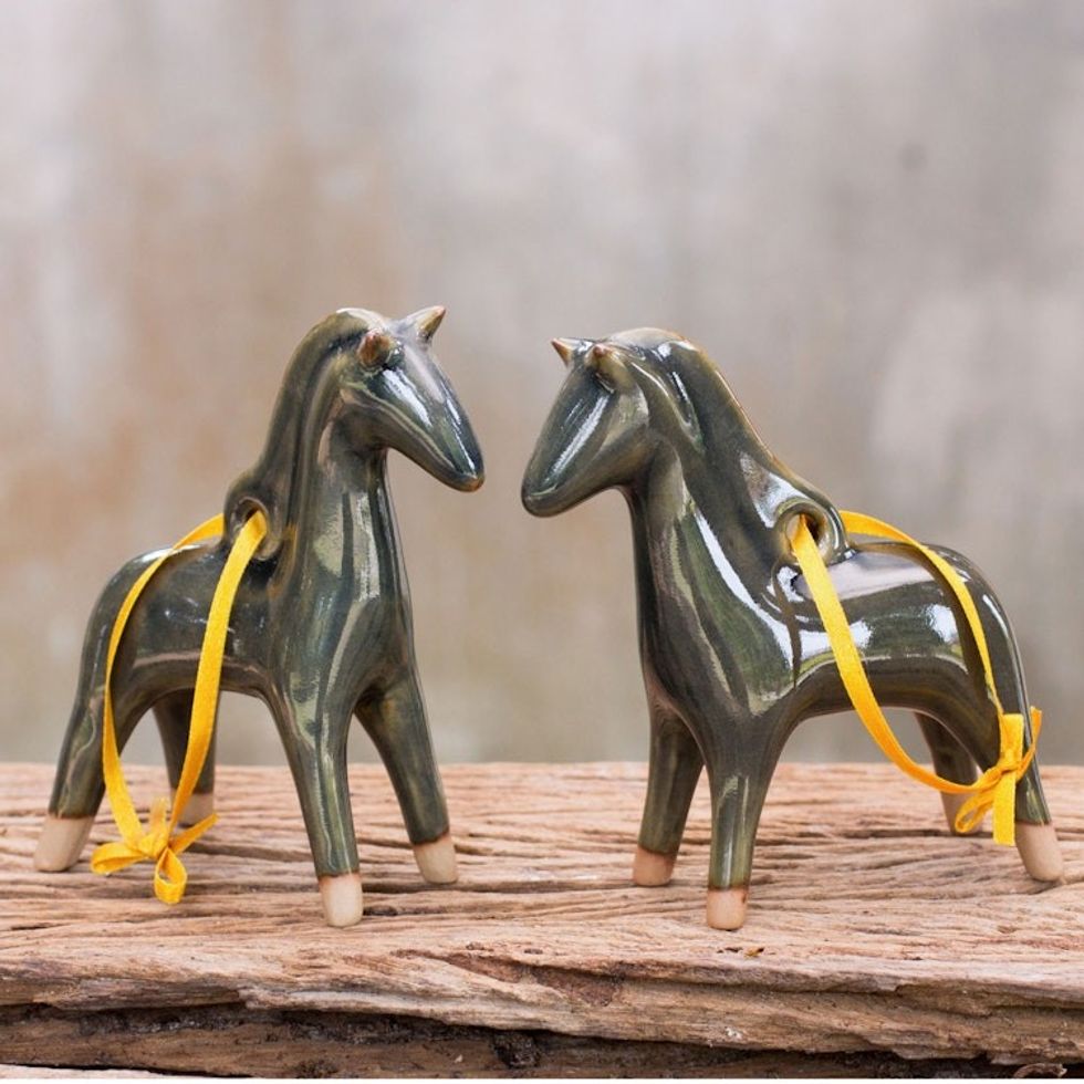 Handmade Celadon Ceramic Christmas Ornaments Pair 'Blue Winter Horses'