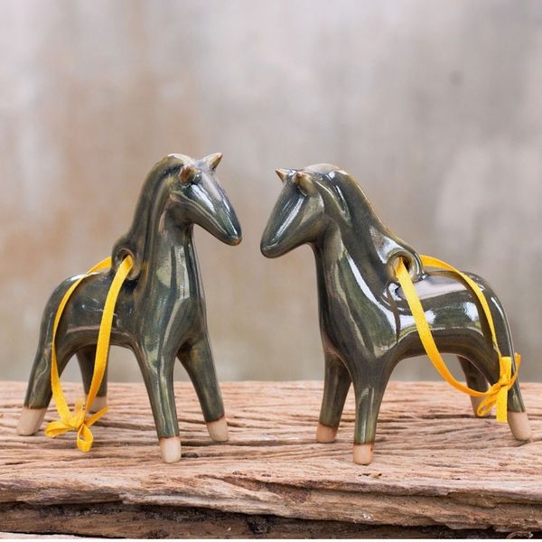 Alternate image for Handmade Celadon Ceramic Christmas Ornaments Pair Blue Winter Horses