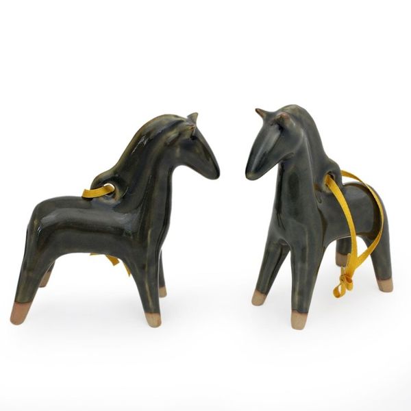 Alternate image for Handmade Celadon Ceramic Christmas Ornaments Pair Blue Winter Horses