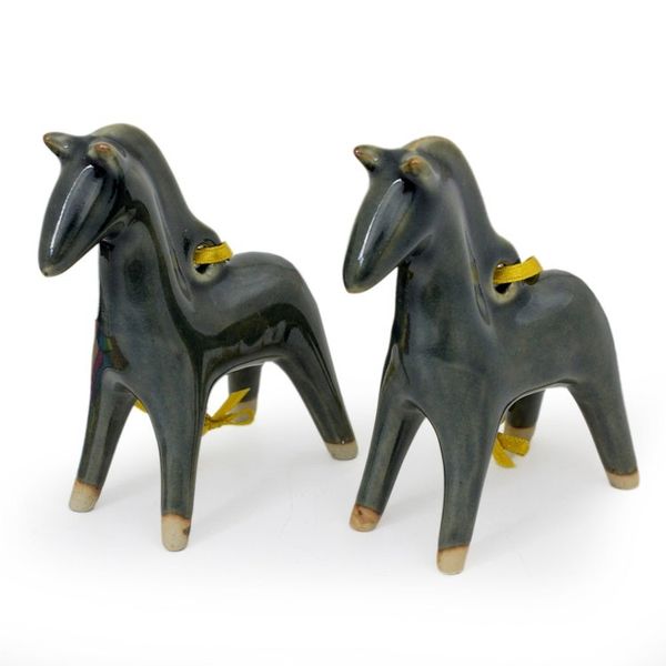 Alternate image for Handmade Celadon Ceramic Christmas Ornaments Pair Blue Winter Horses