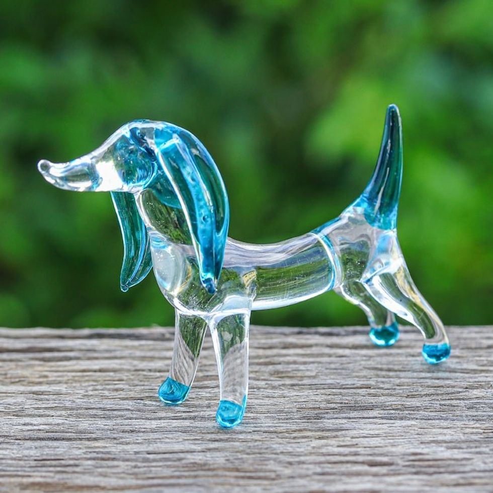 Handblown Light Blue Glass Dachshund Dog Figurine 'Peace Dachshund'