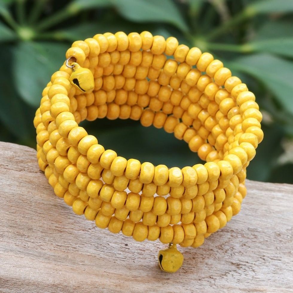 Yellow Beaded Wood Wrap Bracelet with Bells 1 In 'Sunshine Spin'
