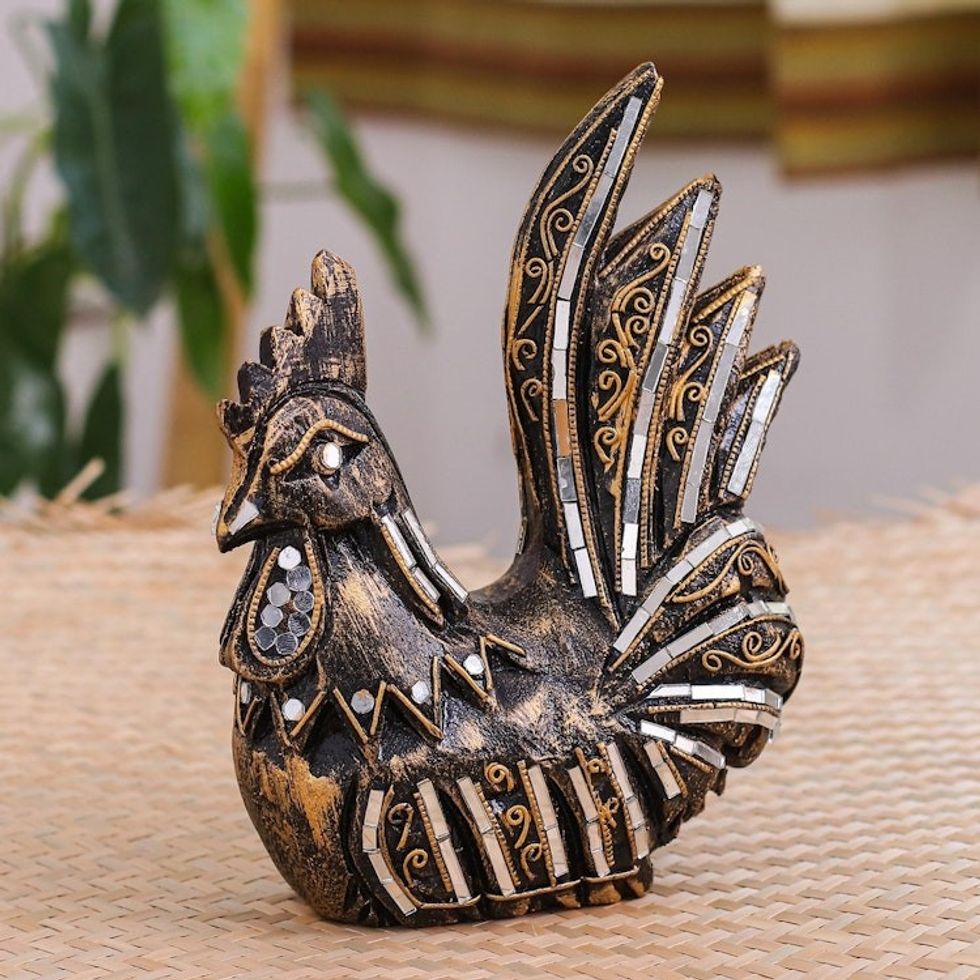 Hand-Carved Raintree Wood Chicken Sculpture with Glass 'Mirror Chicken'
