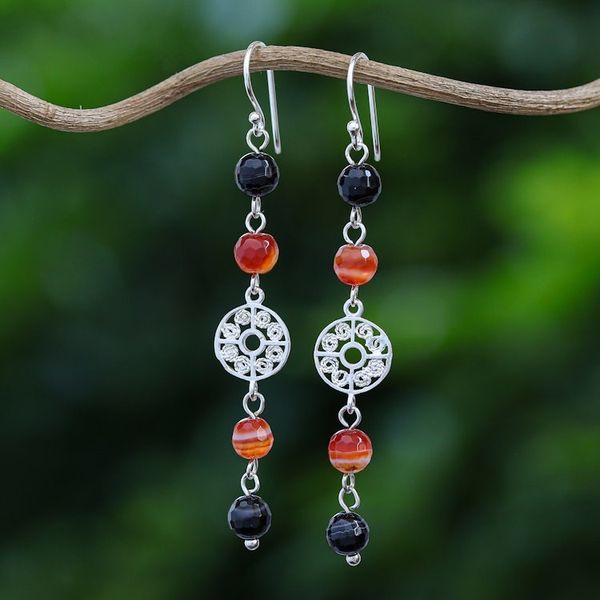 Alternate image for Carnelian and Onyx Silver Dangle Earrings Filigree Day