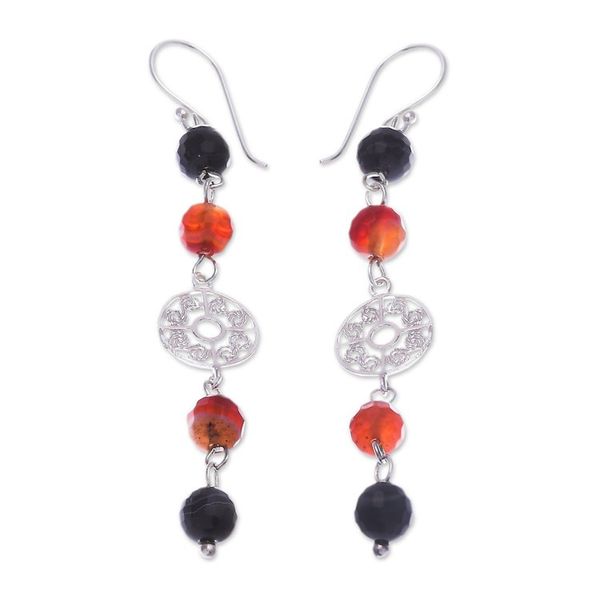 Alternate image for Carnelian and Onyx Silver Dangle Earrings Filigree Day