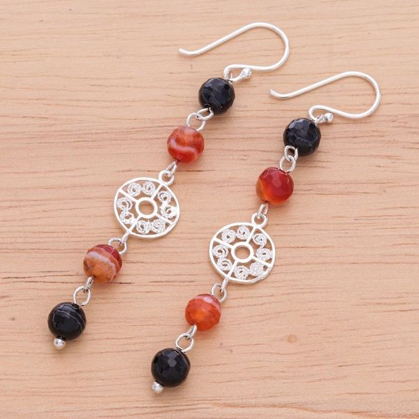 Alternate image for Carnelian and Onyx Silver Dangle Earrings Filigree Day