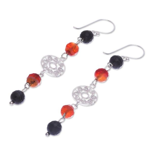 Alternate image for Carnelian and Onyx Silver Dangle Earrings Filigree Day