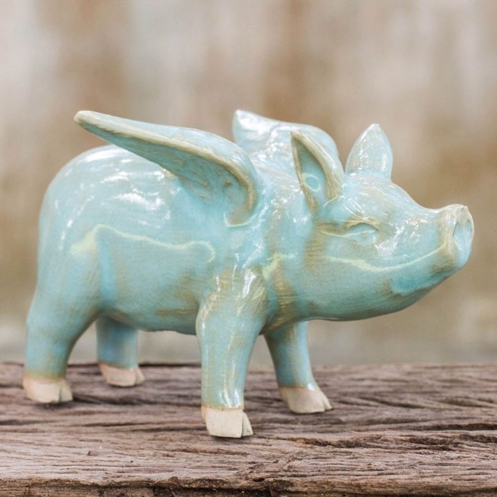 Handcrafted Blue Ceramic Flying Pig from Thailand 'Flying Blue Pig'