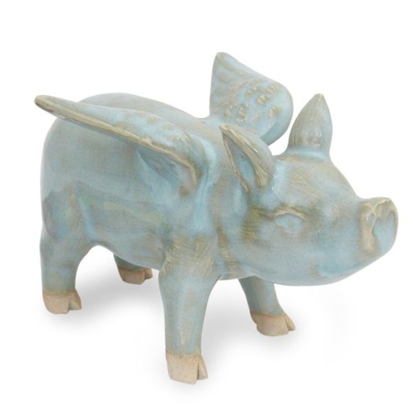 Alternate image for Handcrafted Blue Ceramic Flying Pig from Thailand Flying Blue Pig