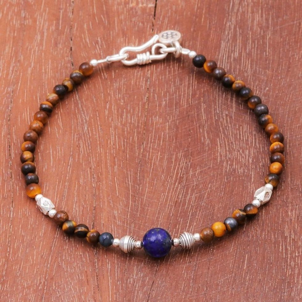 Karen Silver Tiger's Eye and Lapis Lazuli Beaded Bracelet 'Perception'