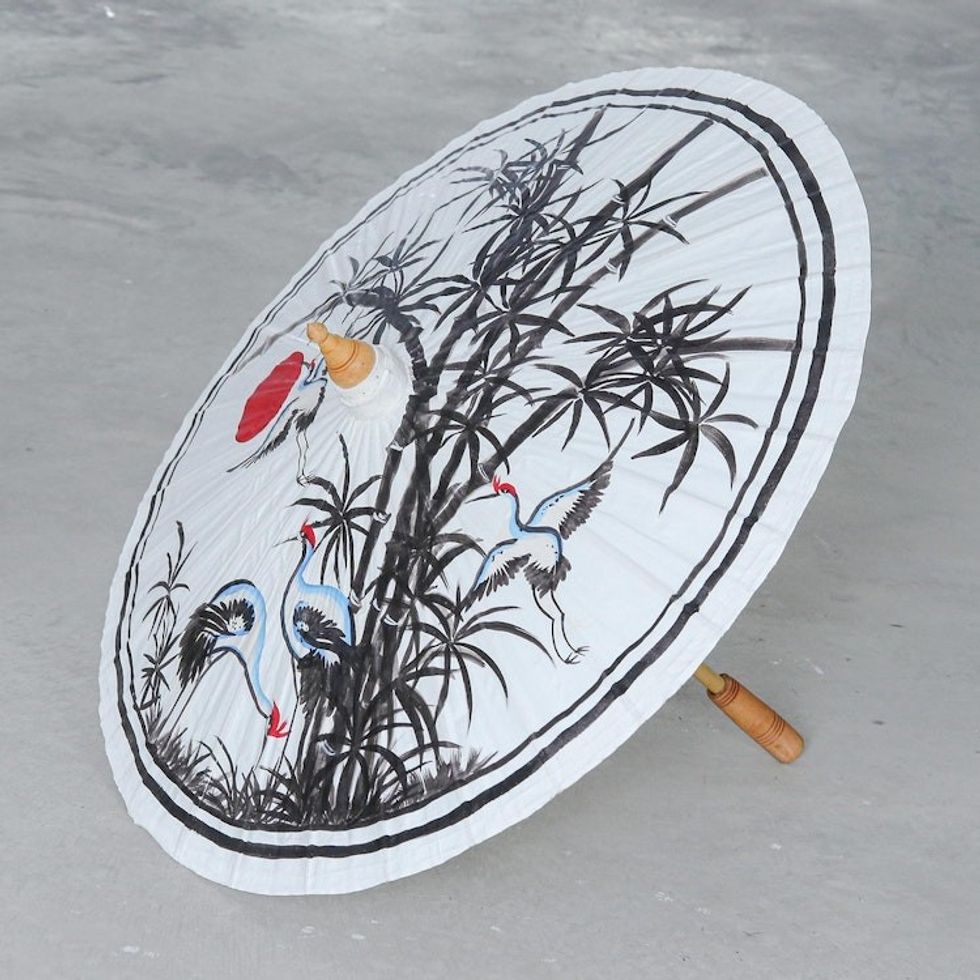 Hand-Painted Cotton and Bamboo Parasol 'Peaceful Cranes'