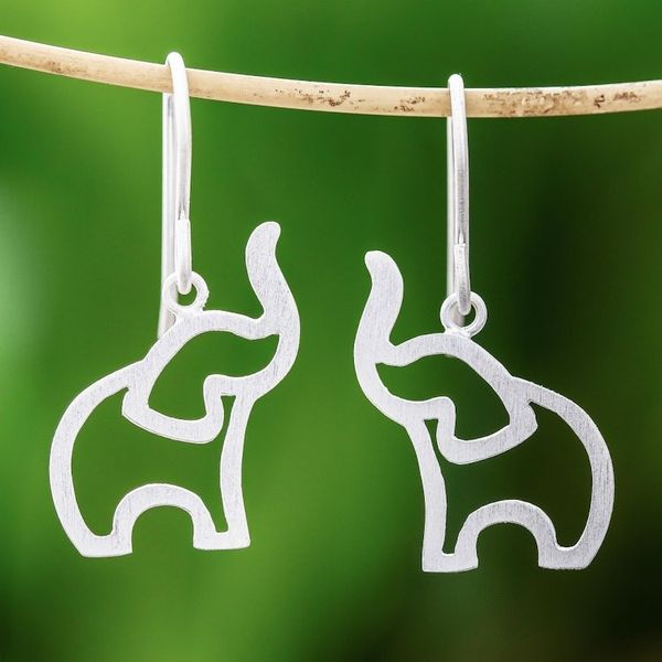 Alternate image for Brushed-Satin Sterling Silver Elephant Dangle Earrings Reverent Elephants