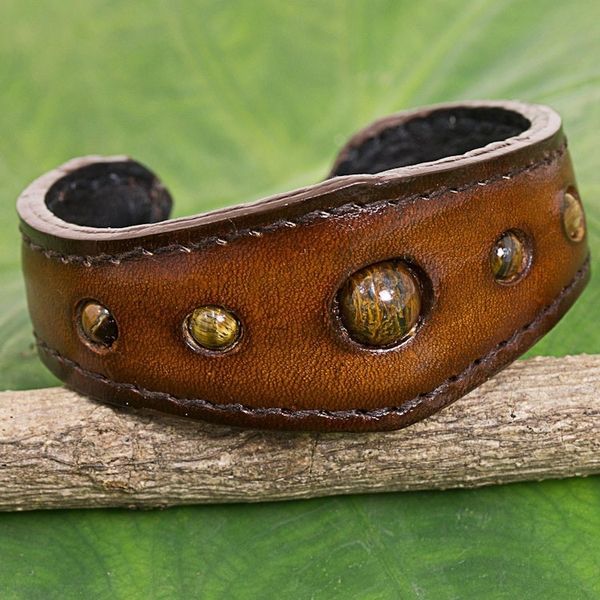 Alternate image for Tigers Eye Cuff Bracelet in Leather Handmade in Thailand The Power